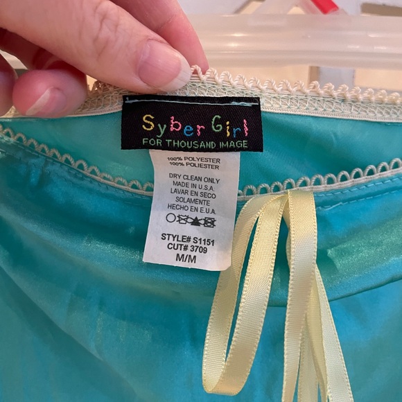 Y2K Turquoise Satin Chemise Slip with light green lace - Picture 2 of 3